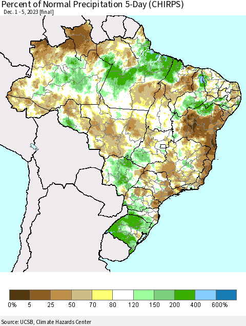 Brazil Percent of Normal Precipitation 5-Day (CHIRPS) Thematic Map For 12/1/2023 - 12/5/2023