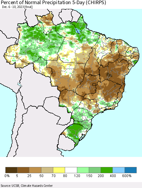 Brazil Percent of Normal Precipitation 5-Day (CHIRPS) Thematic Map For 12/6/2023 - 12/10/2023