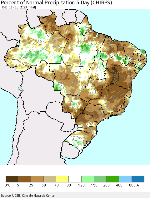 Brazil Percent of Normal Precipitation 5-Day (CHIRPS) Thematic Map For 12/11/2023 - 12/15/2023