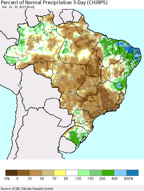 Brazil Percent of Normal Precipitation 5-Day (CHIRPS) Thematic Map For 12/16/2023 - 12/20/2023