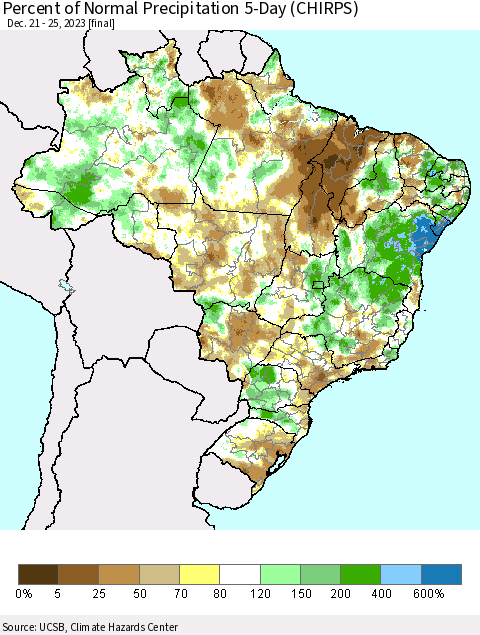 Brazil Percent of Normal Precipitation 5-Day (CHIRPS) Thematic Map For 12/21/2023 - 12/25/2023