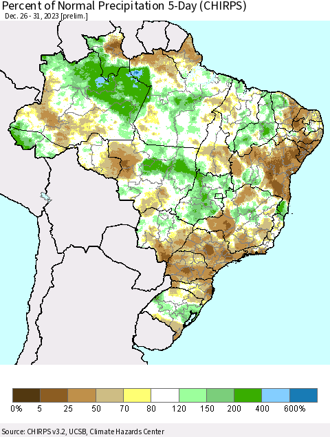 Brazil Percent of Normal Precipitation 5-Day (CHIRPS) Thematic Map For 12/26/2023 - 12/31/2023