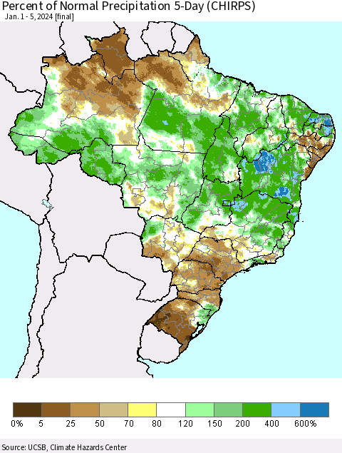Brazil Percent of Normal Precipitation 5-Day (CHIRPS) Thematic Map For 1/1/2024 - 1/5/2024