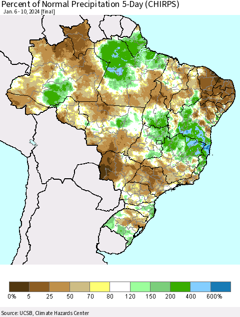 Brazil Percent of Normal Precipitation 5-Day (CHIRPS) Thematic Map For 1/6/2024 - 1/10/2024