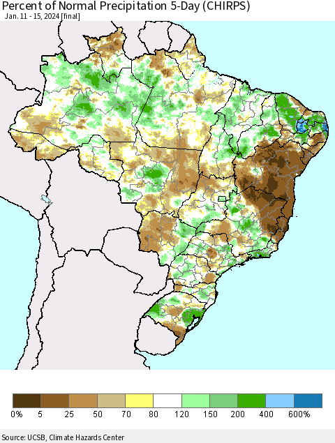Brazil Percent of Normal Precipitation 5-Day (CHIRPS) Thematic Map For 1/11/2024 - 1/15/2024