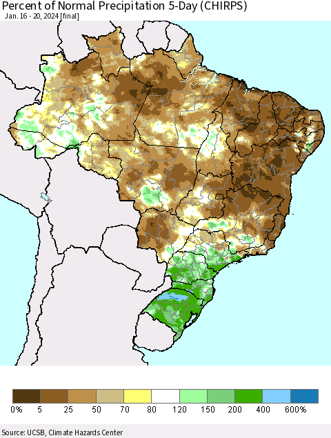 Brazil Percent of Normal Precipitation 5-Day (CHIRPS) Thematic Map For 1/16/2024 - 1/20/2024