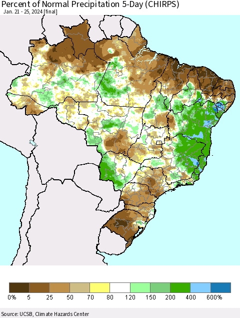 Brazil Percent of Normal Precipitation 5-Day (CHIRPS) Thematic Map For 1/21/2024 - 1/25/2024