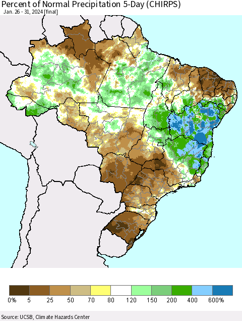Brazil Percent of Normal Precipitation 5-Day (CHIRPS) Thematic Map For 1/26/2024 - 1/31/2024