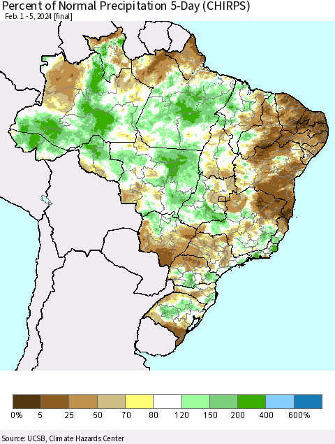 Brazil Percent of Normal Precipitation 5-Day (CHIRPS) Thematic Map For 2/1/2024 - 2/5/2024