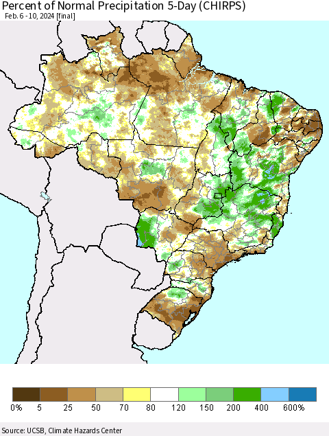 Brazil Percent of Normal Precipitation 5-Day (CHIRPS) Thematic Map For 2/6/2024 - 2/10/2024