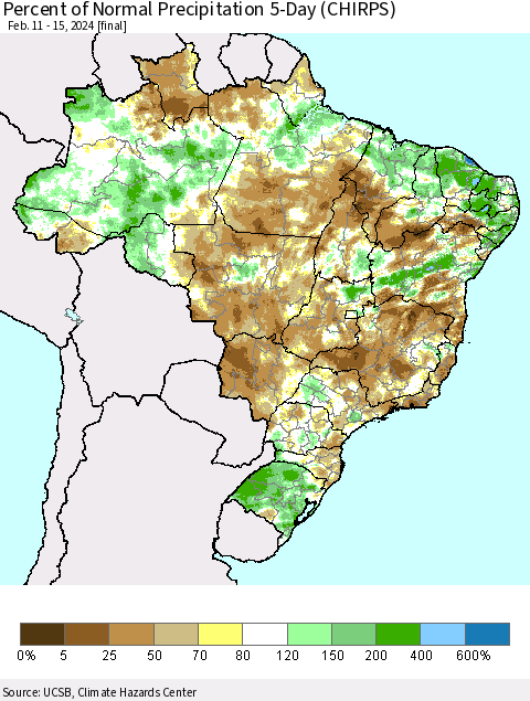 Brazil Percent of Normal Precipitation 5-Day (CHIRPS) Thematic Map For 2/11/2024 - 2/15/2024