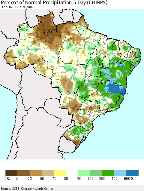 Brazil Percent of Normal Precipitation 5-Day (CHIRPS) Thematic Map For 2/16/2024 - 2/20/2024