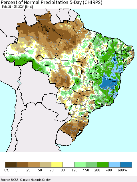 Brazil Percent of Normal Precipitation 5-Day (CHIRPS) Thematic Map For 2/21/2024 - 2/25/2024