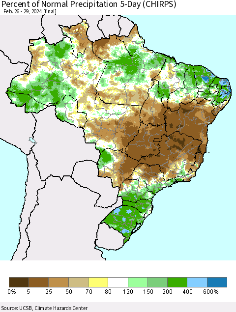 Brazil Percent of Normal Precipitation 5-Day (CHIRPS) Thematic Map For 2/26/2024 - 2/29/2024
