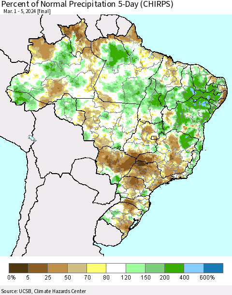 Brazil Percent of Normal Precipitation 5-Day (CHIRPS) Thematic Map For 3/1/2024 - 3/5/2024
