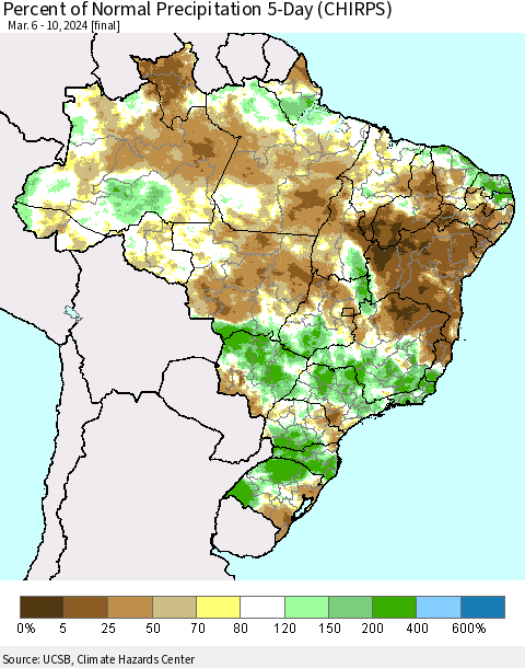 Brazil Percent of Normal Precipitation 5-Day (CHIRPS) Thematic Map For 3/6/2024 - 3/10/2024