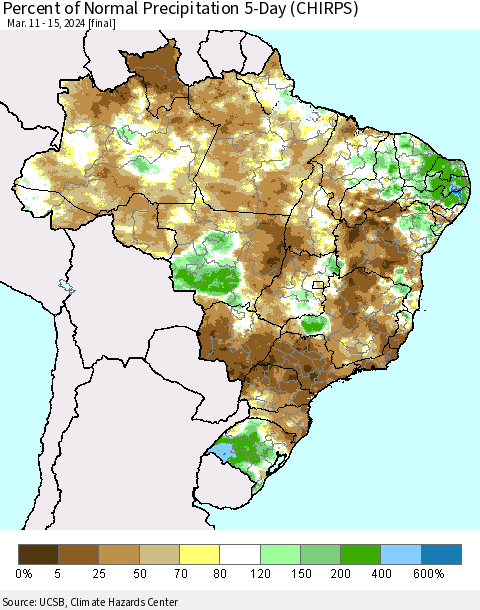 Brazil Percent of Normal Precipitation 5-Day (CHIRPS) Thematic Map For 3/11/2024 - 3/15/2024
