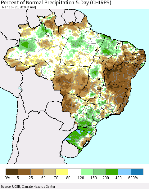 Brazil Percent of Normal Precipitation 5-Day (CHIRPS) Thematic Map For 3/16/2024 - 3/20/2024