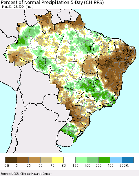 Brazil Percent of Normal Precipitation 5-Day (CHIRPS) Thematic Map For 3/21/2024 - 3/25/2024