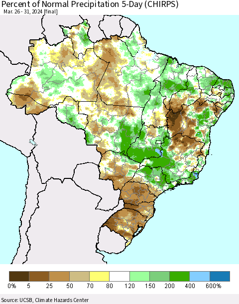 Brazil Percent of Normal Precipitation 5-Day (CHIRPS) Thematic Map For 3/26/2024 - 3/31/2024