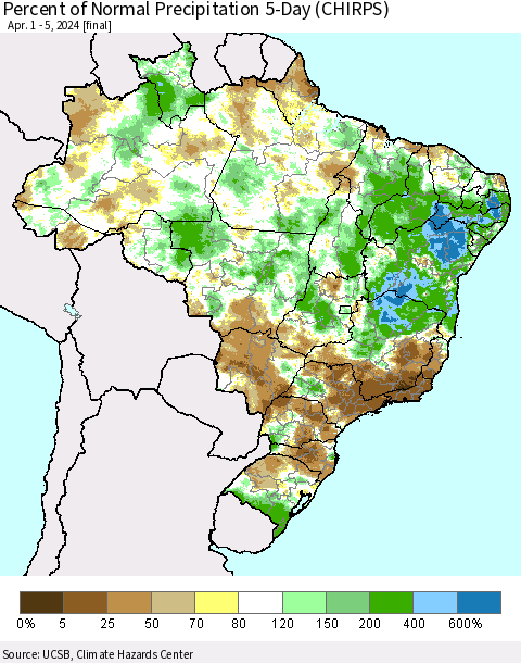 Brazil Percent of Normal Precipitation 5-Day (CHIRPS) Thematic Map For 4/1/2024 - 4/5/2024