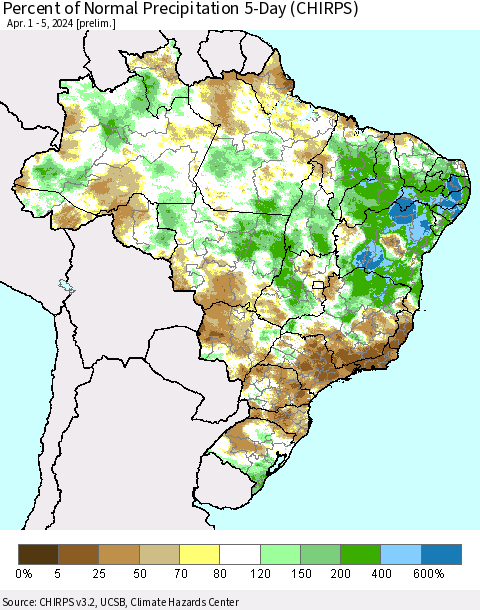 Brazil Percent of Normal Precipitation 5-Day (CHIRPS) Thematic Map For 4/1/2024 - 4/5/2024