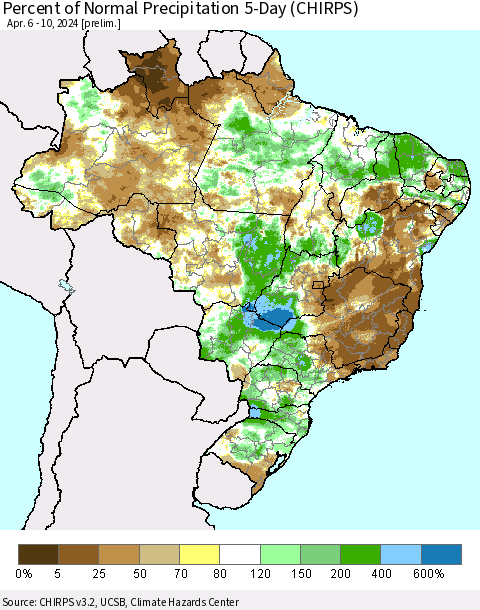 Brazil Percent of Normal Precipitation 5-Day (CHIRPS) Thematic Map For 4/6/2024 - 4/10/2024