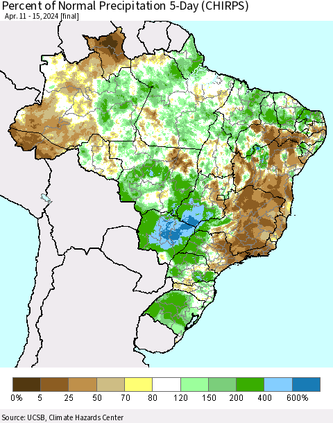 Brazil Percent of Normal Precipitation 5-Day (CHIRPS) Thematic Map For 4/11/2024 - 4/15/2024