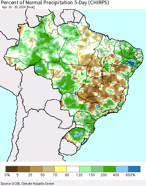 Brazil Percent of Normal Precipitation 5-Day (CHIRPS) Thematic Map For 4/16/2024 - 4/20/2024