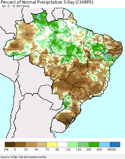 Brazil Percent of Normal Precipitation 5-Day (CHIRPS) Thematic Map For 4/21/2024 - 4/25/2024