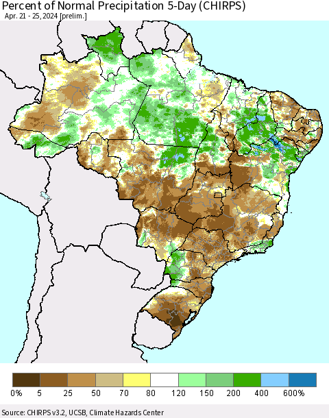 Brazil Percent of Normal Precipitation 5-Day (CHIRPS) Thematic Map For 4/21/2024 - 4/25/2024
