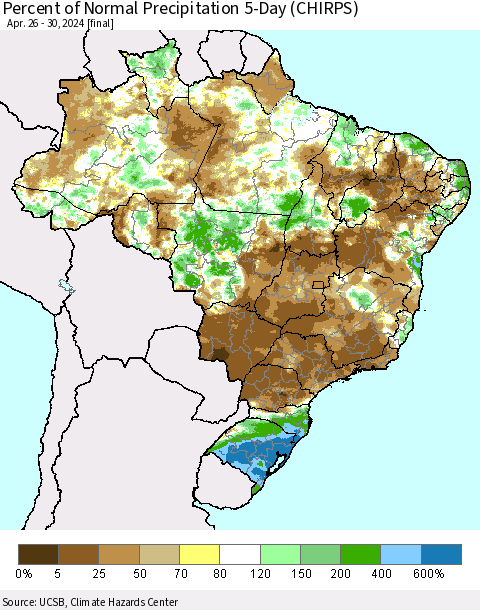 Brazil Percent of Normal Precipitation 5-Day (CHIRPS) Thematic Map For 4/26/2024 - 4/30/2024