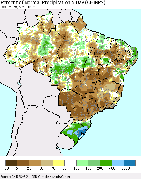 Brazil Percent of Normal Precipitation 5-Day (CHIRPS) Thematic Map For 4/26/2024 - 4/30/2024