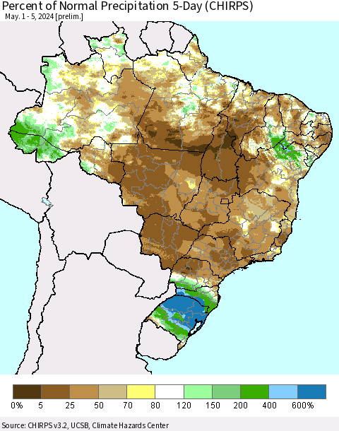 Brazil Percent of Normal Precipitation 5-Day (CHIRPS) Thematic Map For 5/1/2024 - 5/5/2024