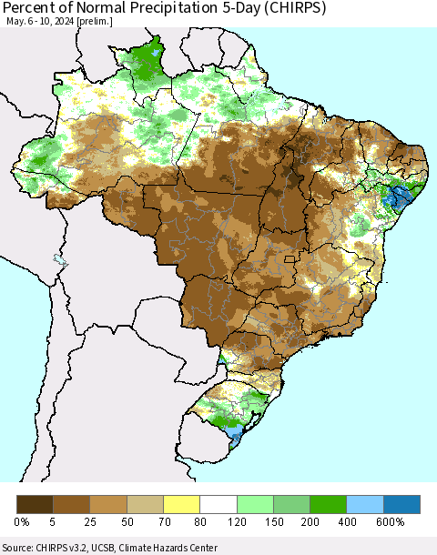 Brazil Percent of Normal Precipitation 5-Day (CHIRPS) Thematic Map For 5/6/2024 - 5/10/2024