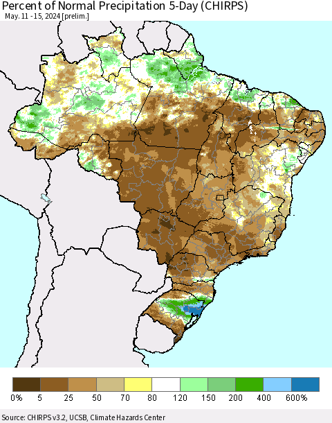 Brazil Percent of Normal Precipitation 5-Day (CHIRPS) Thematic Map For 5/11/2024 - 5/15/2024
