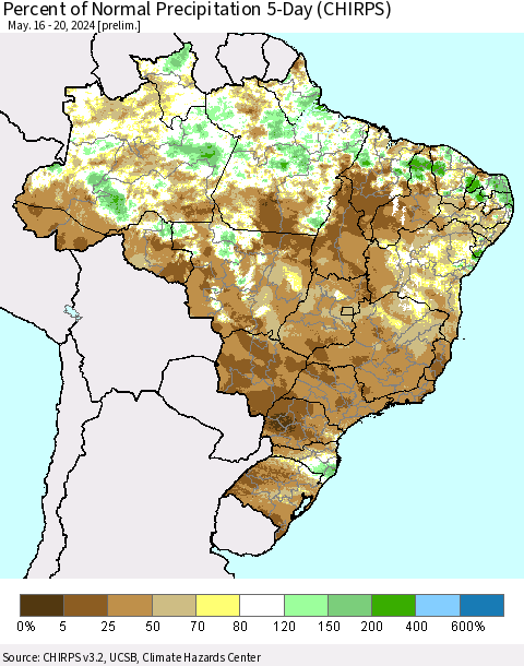 Brazil Percent of Normal Precipitation 5-Day (CHIRPS) Thematic Map For 5/16/2024 - 5/20/2024