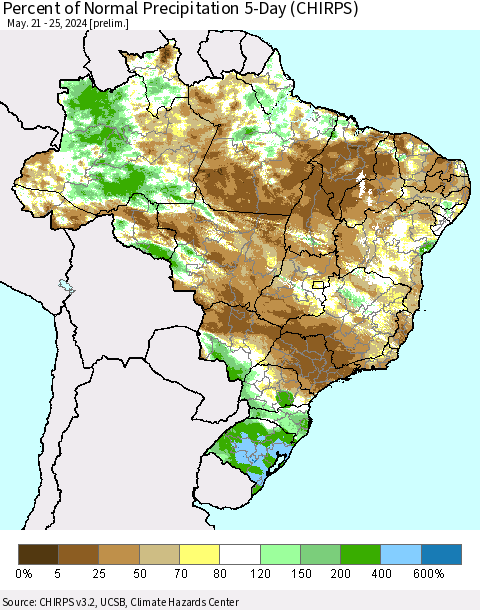 Brazil Percent of Normal Precipitation 5-Day (CHIRPS) Thematic Map For 5/21/2024 - 5/25/2024