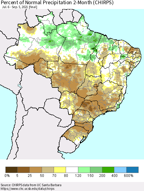 Brazil Percent of Normal Precipitation 2-Month (CHIRPS) Thematic Map For 7/6/2021 - 9/5/2021