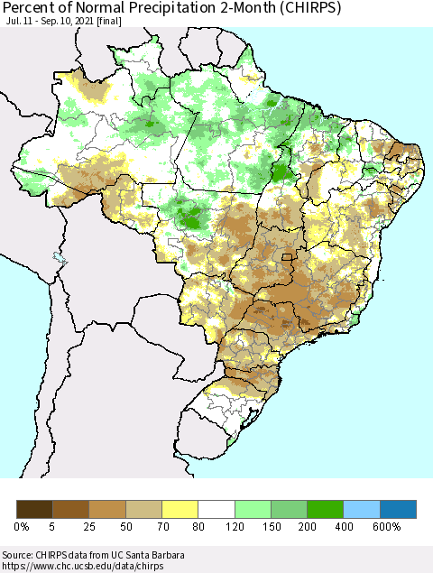 Brazil Percent of Normal Precipitation 2-Month (CHIRPS) Thematic Map For 7/11/2021 - 9/10/2021
