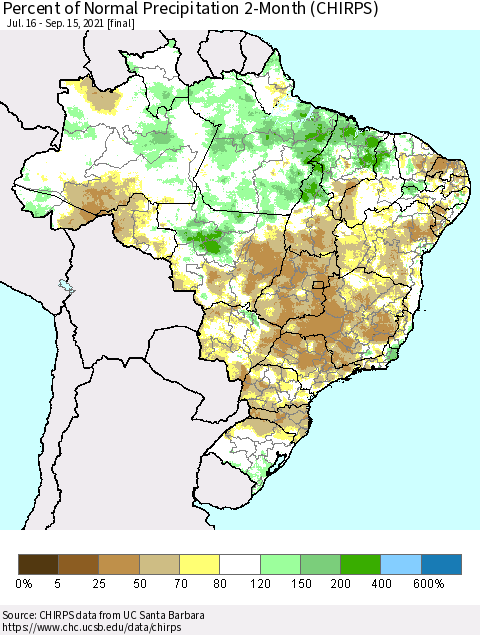 Brazil Percent of Normal Precipitation 2-Month (CHIRPS) Thematic Map For 7/16/2021 - 9/15/2021
