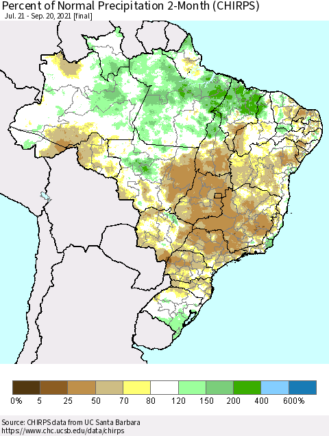 Brazil Percent of Normal Precipitation 2-Month (CHIRPS) Thematic Map For 7/21/2021 - 9/20/2021