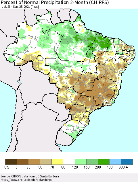 Brazil Percent of Normal Precipitation 2-Month (CHIRPS) Thematic Map For 7/26/2021 - 9/25/2021