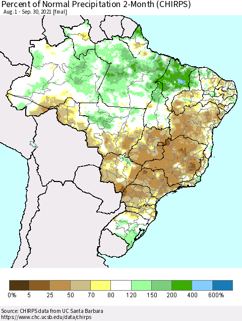 Brazil Percent of Normal Precipitation 2-Month (CHIRPS) Thematic Map For 8/1/2021 - 9/30/2021