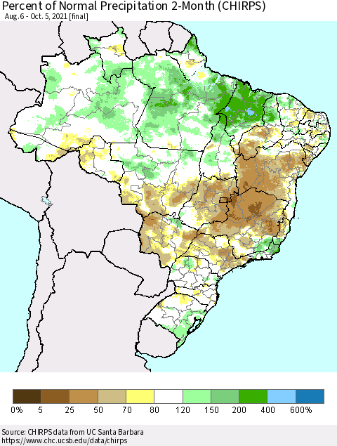 Brazil Percent of Normal Precipitation 2-Month (CHIRPS) Thematic Map For 8/6/2021 - 10/5/2021