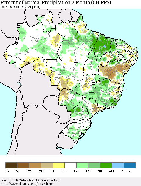 Brazil Percent of Normal Precipitation 2-Month (CHIRPS) Thematic Map For 8/16/2021 - 10/15/2021