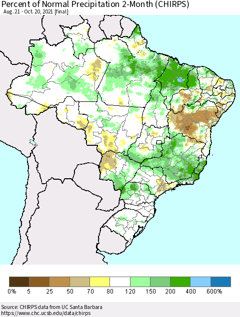 Brazil Percent of Normal Precipitation 2-Month (CHIRPS) Thematic Map For 8/21/2021 - 10/20/2021