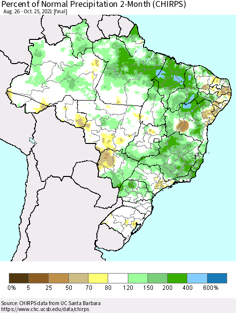 Brazil Percent of Normal Precipitation 2-Month (CHIRPS) Thematic Map For 8/26/2021 - 10/25/2021