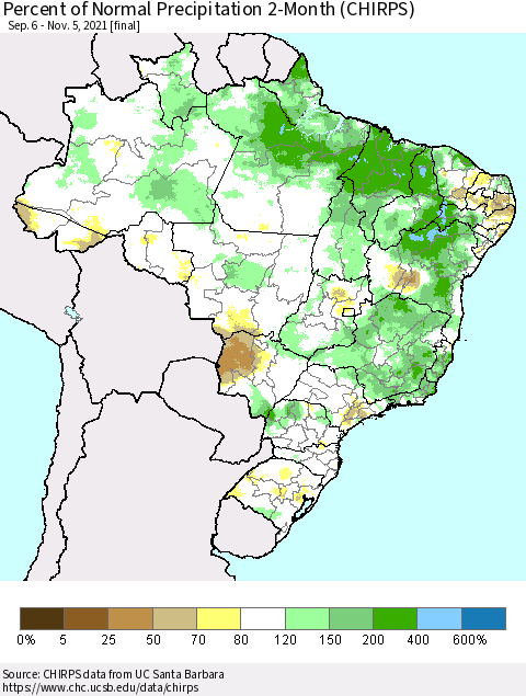 Brazil Percent of Normal Precipitation 2-Month (CHIRPS) Thematic Map For 9/6/2021 - 11/5/2021