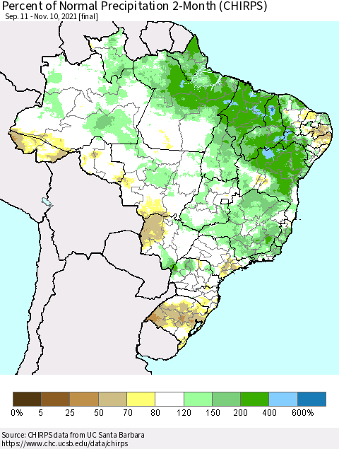 Brazil Percent of Normal Precipitation 2-Month (CHIRPS) Thematic Map For 9/11/2021 - 11/10/2021